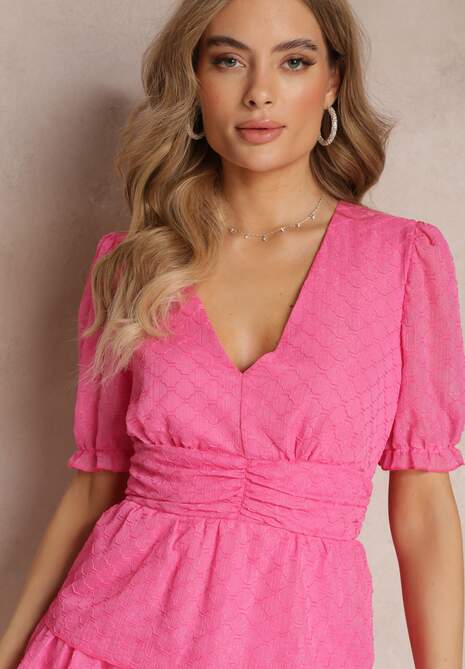 Różowa Marszczona Sukienka Mini z Falbankami i Metaliczną Nitką Elody