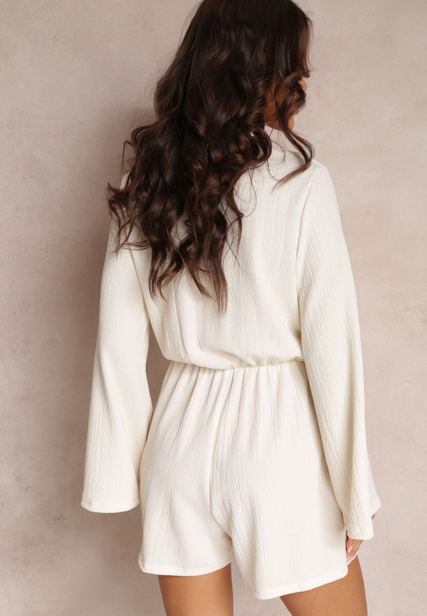 Biały Kombinezon z Kopertowym Dekoltem i Gumką w Pasie Acalio