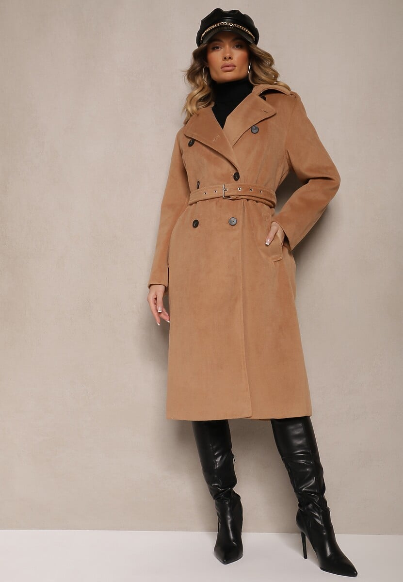 Czarny Płaszcz Dwurzędowy o Długim Kroju Ozdobiony Paskiem Senadriel