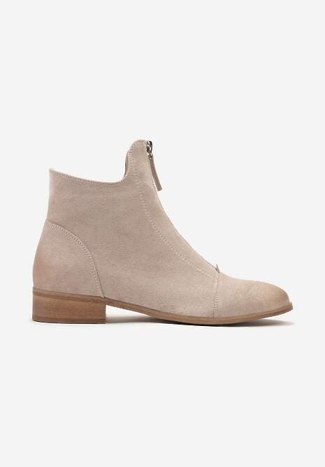 Beżowe Botki w Stylu Nowoczesnych Sztybletów ze Skórzaną Wkładką i Ozdobnym Suwakiem Asaxs