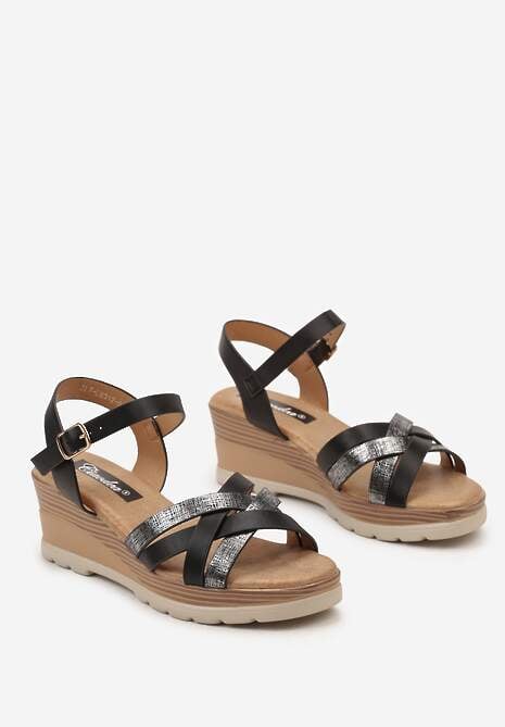 Czarne Sandały Zapinane wokół Kostki na Koturnie z Ozdobną Metaliczną Nicią Idrasca