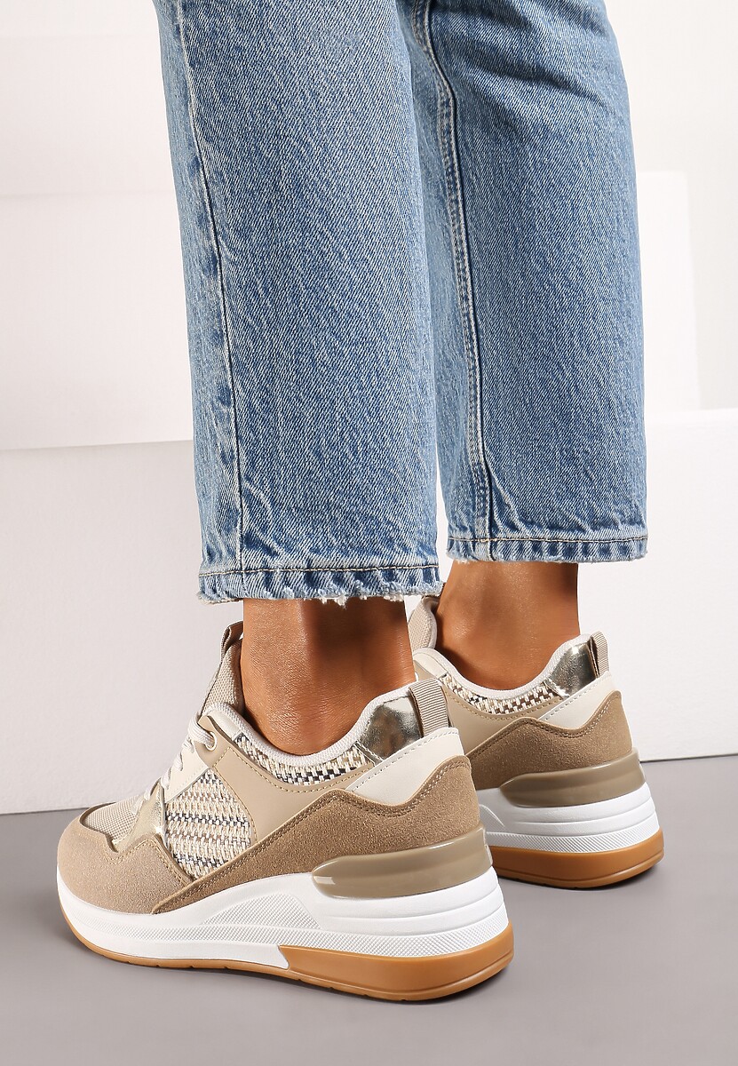 Ciemnobeżowe Sneakersy z Niskim Koturnem i Ozdobnymi Wstawkami Ysabeltia