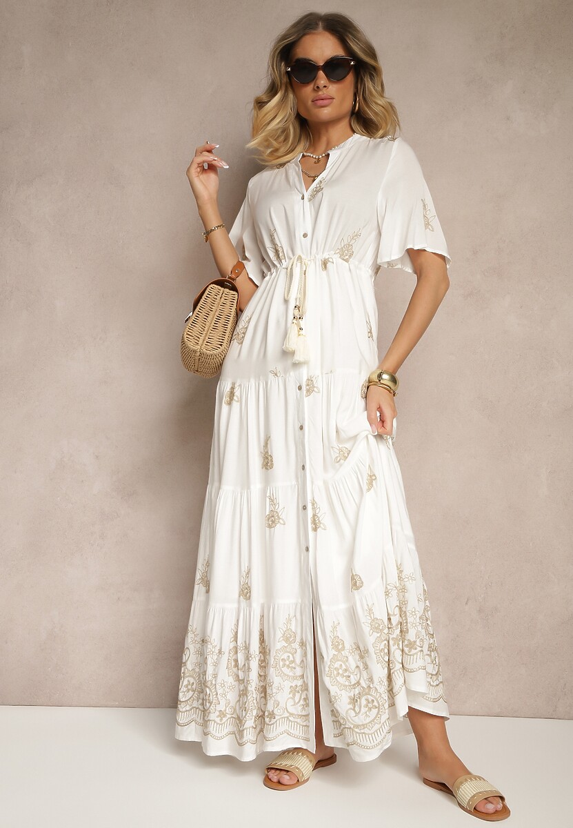 Biała Rozkloszowana Sukienka Boho z Wiskozy Zdobiona Haftem i Wiązaniem Falvania