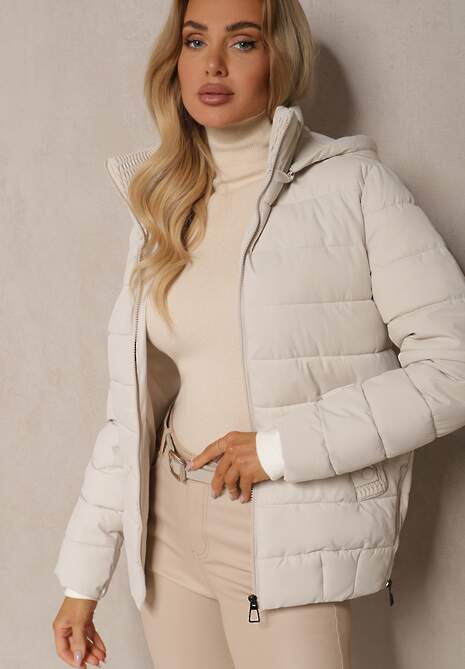 Jasnobeżowa Kurtka z Pikowanymi Przeszyciami z Odpinanym Kapturem i Ściągaczem w Talii Sintavia