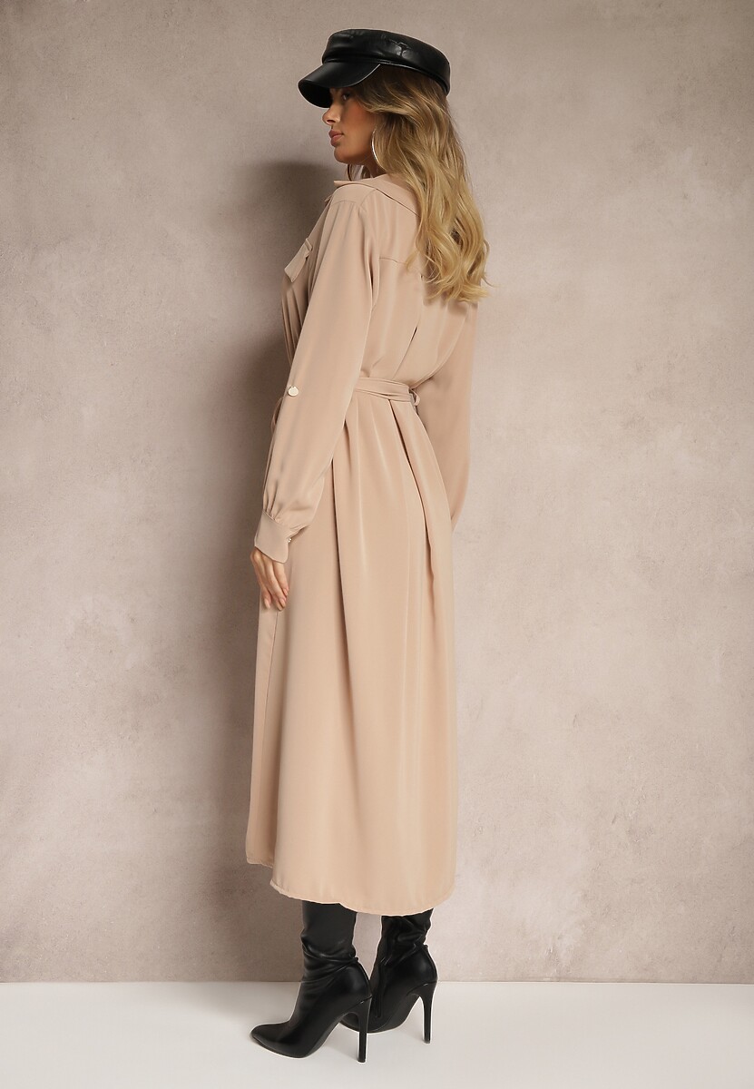 Beżowa Sukienka o Koszulowym Kroju z Rękawami z Możliwością Podpięcia i Wiązanym Paskiem Ivalorae