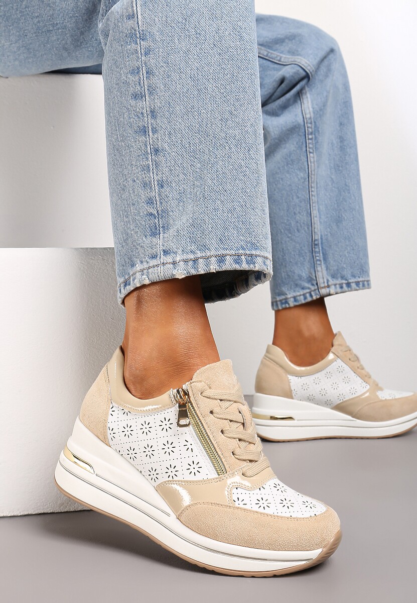 Beżowe Sneakersy z Ażurową Perforacją Suwakiem i Ukrytym Koturnem Pelaria