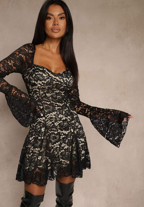 Czarno-Różowa Gorsetowa Rozkloszowana Sukienka Koktajlowa z Koronką Leanirwen