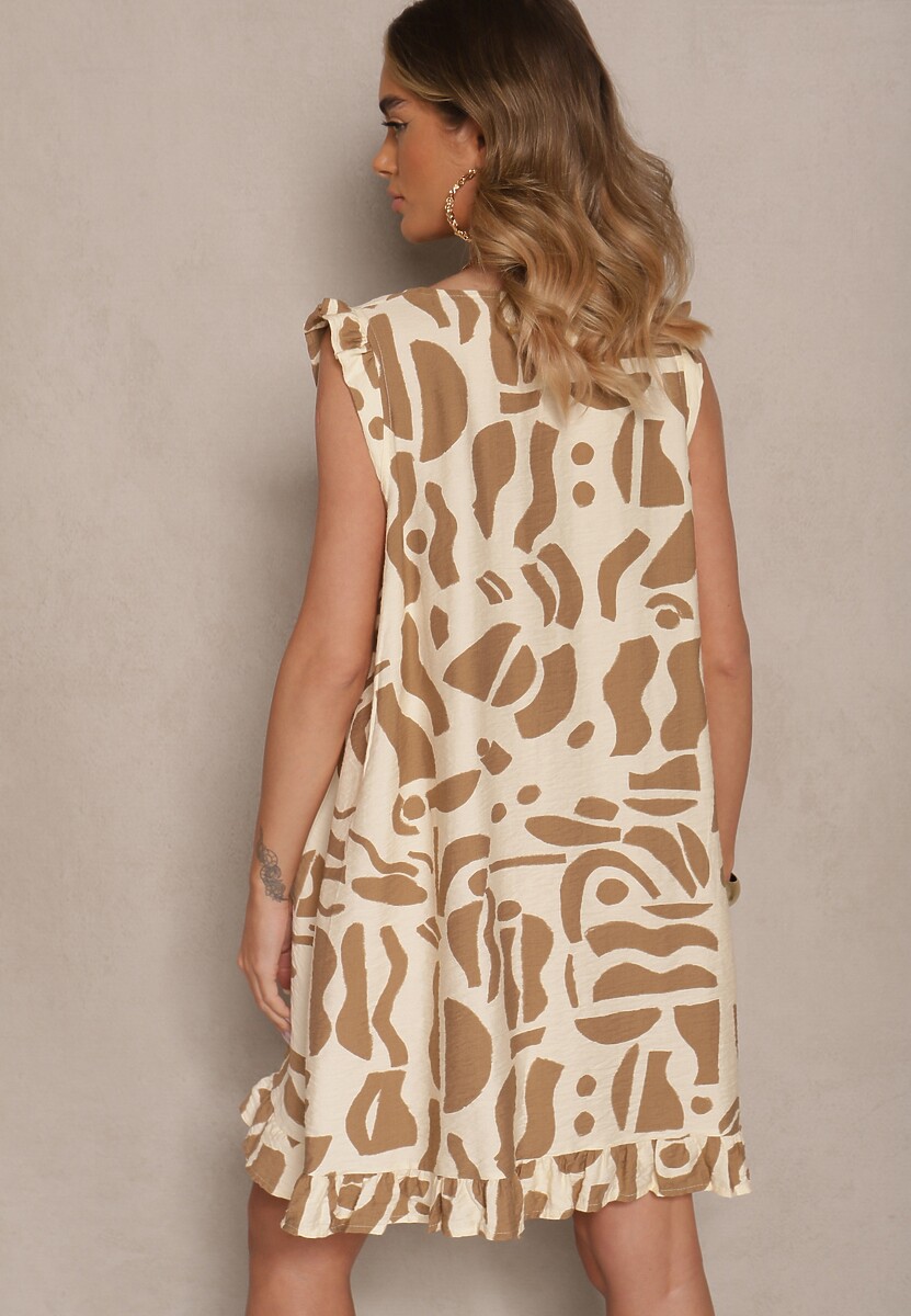 Beżowa Rozkloszowana Sukienka w Abstrakcyjny Print z Dekoltem w Kształcie V Mevioraia