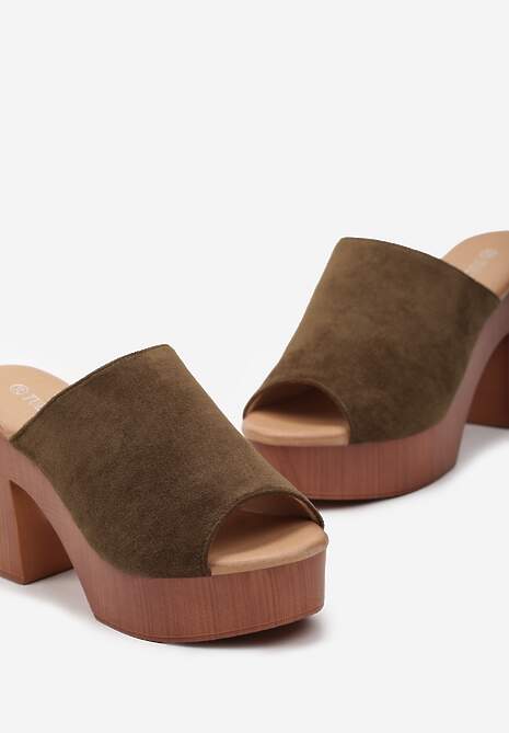 Ciemnozielone Klapki z Paskiem z Ekozamszu na Kwadratowym Obcasie i Platformie Siobhan