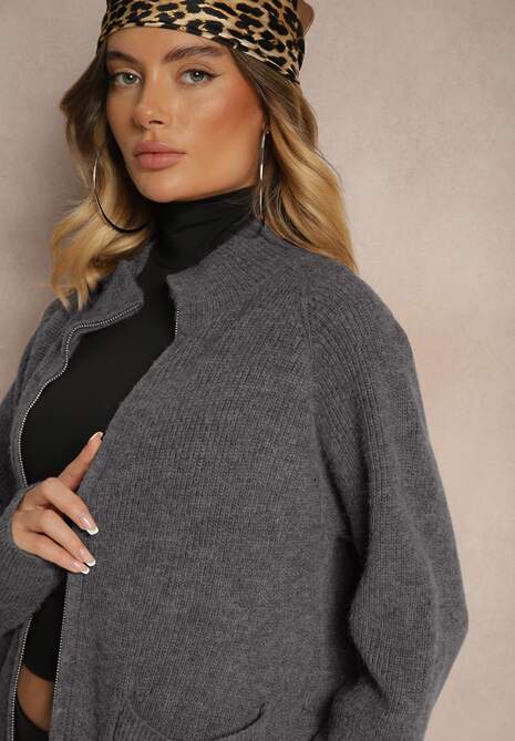 Ciemnoszary Długi Kardigan o Prostym Kroju ze Stójką z Domieszką Wełny i Zapięciem na Suwak Bonitana