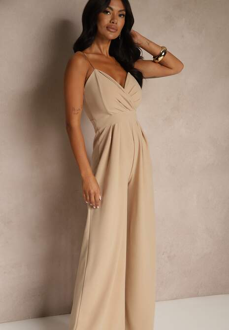 Ciemnobeżowy Kombinezon na Cienkich Ramiączkach z Kopertowym Dekoltem i Szerokimi Nogawkami Jovantia