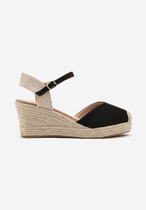 Czarne Sandały na Plecionym Koturnie Odivale