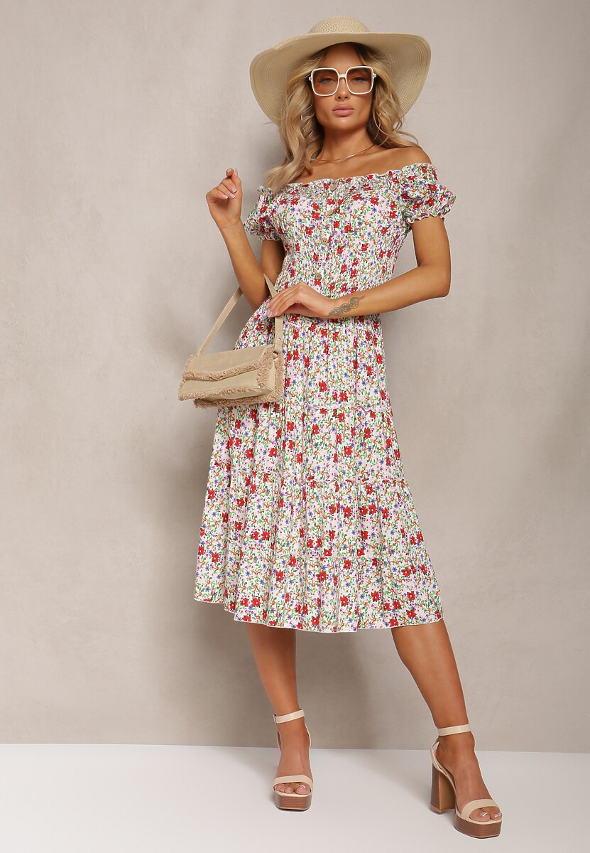Biało-Różowa Midi Sukienka Hiszpanka z Bawełny w Kwiatowy Wzór Assetni