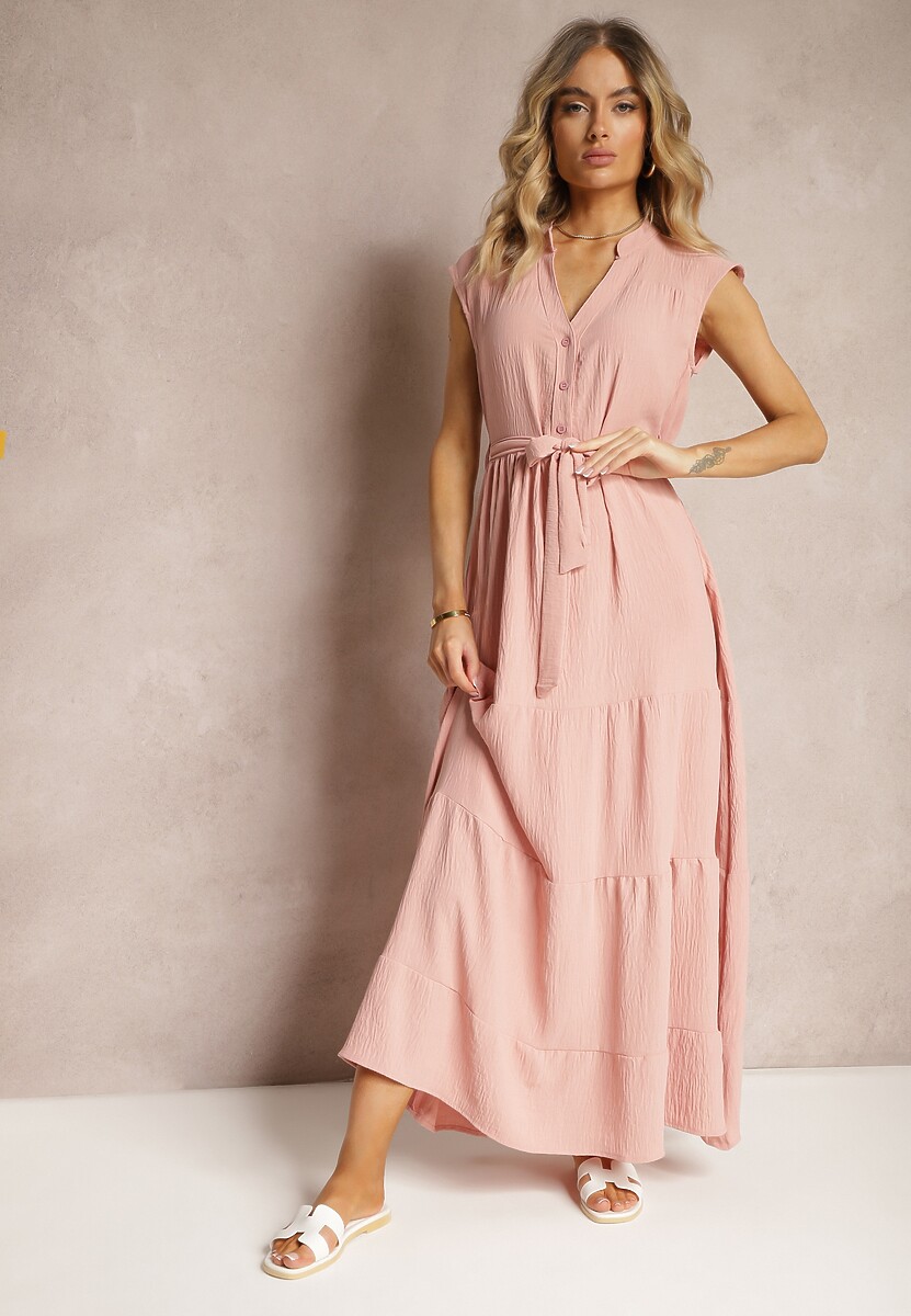 Ciemnoróżowa Sukienka z Paskiem w Talii o Rozkloszowanym Fasonie bez Rękawów Ellasin