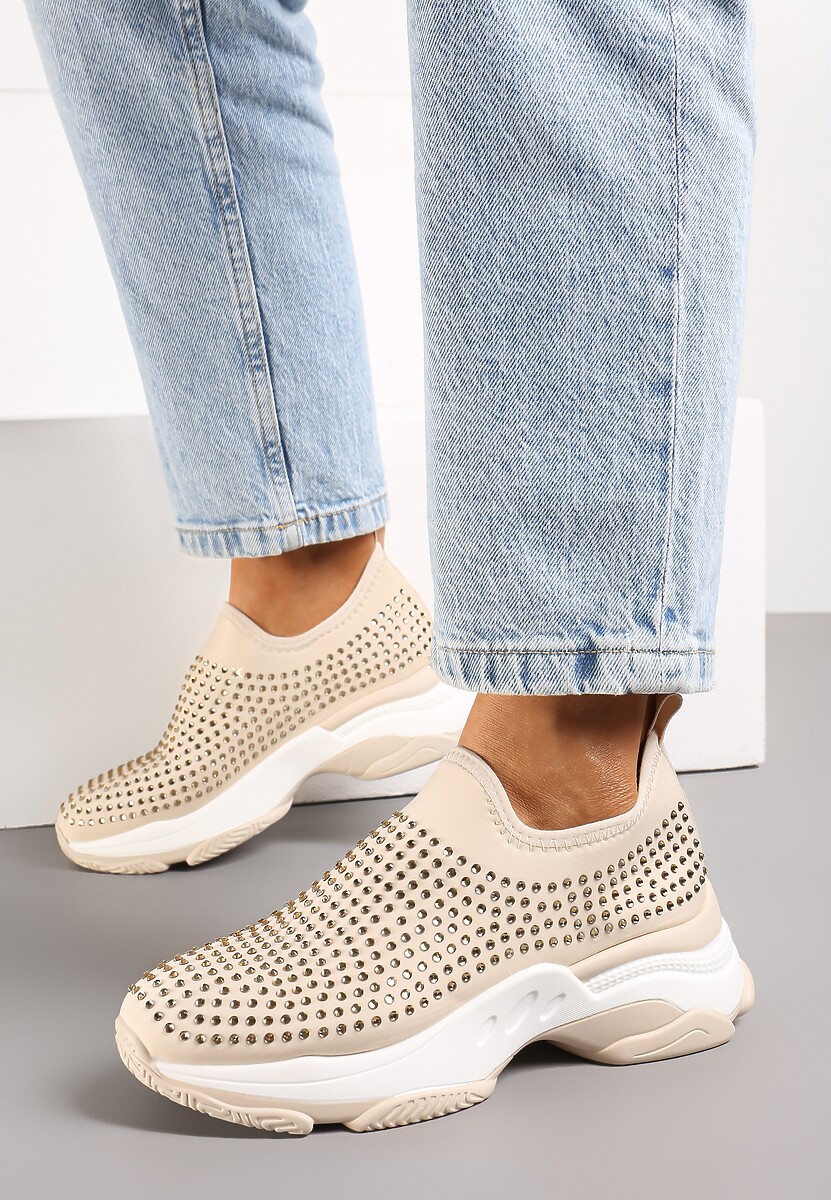 Beżowe Buty Sportowe na Grubej Podeszwie w Cyrkonie Elerene