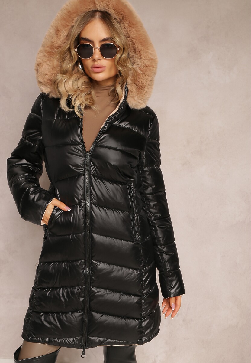 Brązowa Dwustronna Kurtka Płaszcz z Klasycznym Pikowaniem i Kapturem z Futerkiem Nuncos