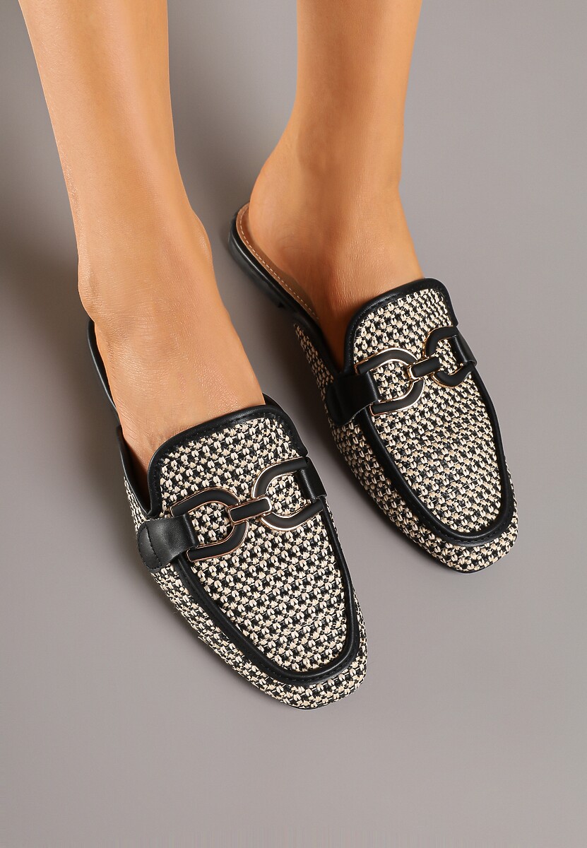 Czarne Klapki Mule Ozdobione Plecionką i Klamrą Nimiriella