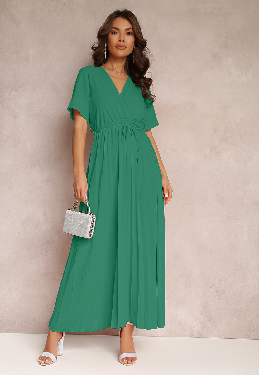 Zielona Rozkloszowana Sukienka Plisowana z Wiązanym Paskiem Eilemona