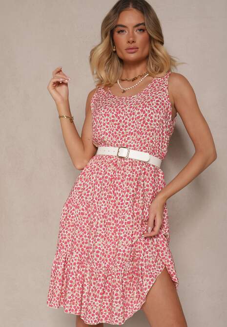 Różowa Sukienka z Bawełnianej Tkaniny w Nakrapiany Wzór Bez Rękawów Nativoria