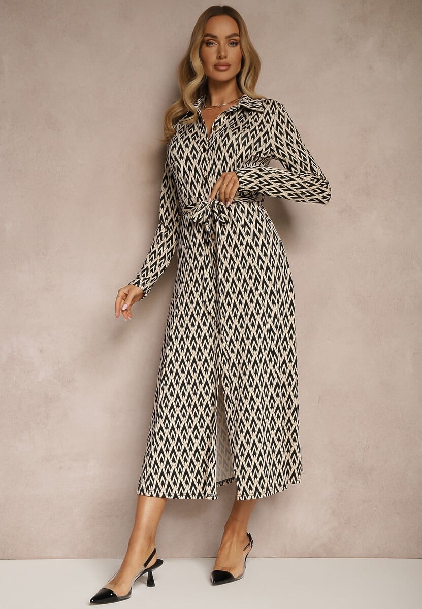 Czarna Koszulowa Sukienka z Wiskozą Geometrycznym Wzorem i Paskiem Milseki