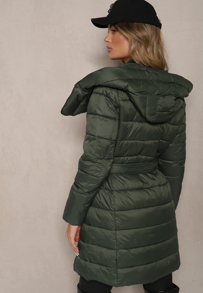 Zielona Długa Pikowana Kurtka z Kapturem i Dodatkowym Paskiem Hanovia