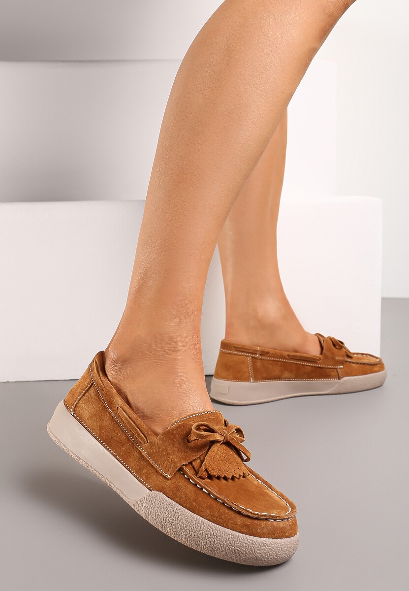 Brązowe Klasyczne Mokasyny ze Skóry Naturalnej z Kokardką Pristis