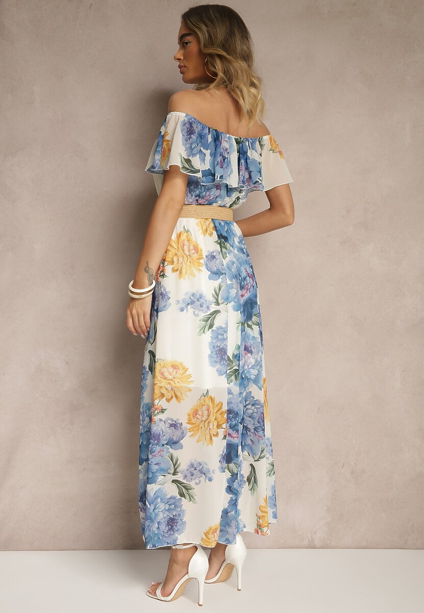 Niebieska Sukienka Hiszpanka z Kwiatowym Wzorem i Plecionym Paskiem Sadeene