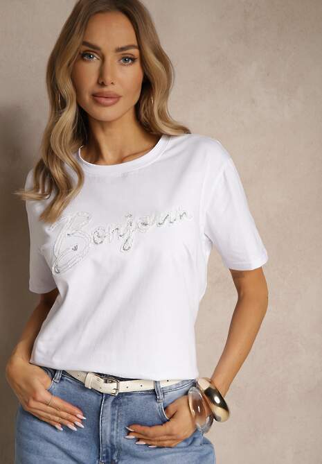 Biały Bawełniany T-shirt Zdobiony Haftowanym Napisem z Cekinami Ulionis