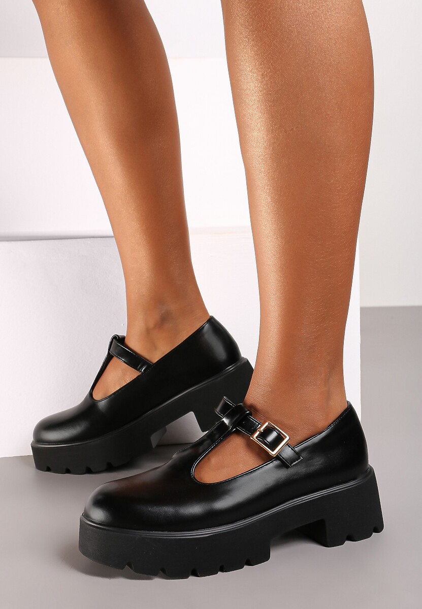 Czarne Półbuty na Słupku i Platformie Wykończone Paskiem ze Sprzączką Merinique