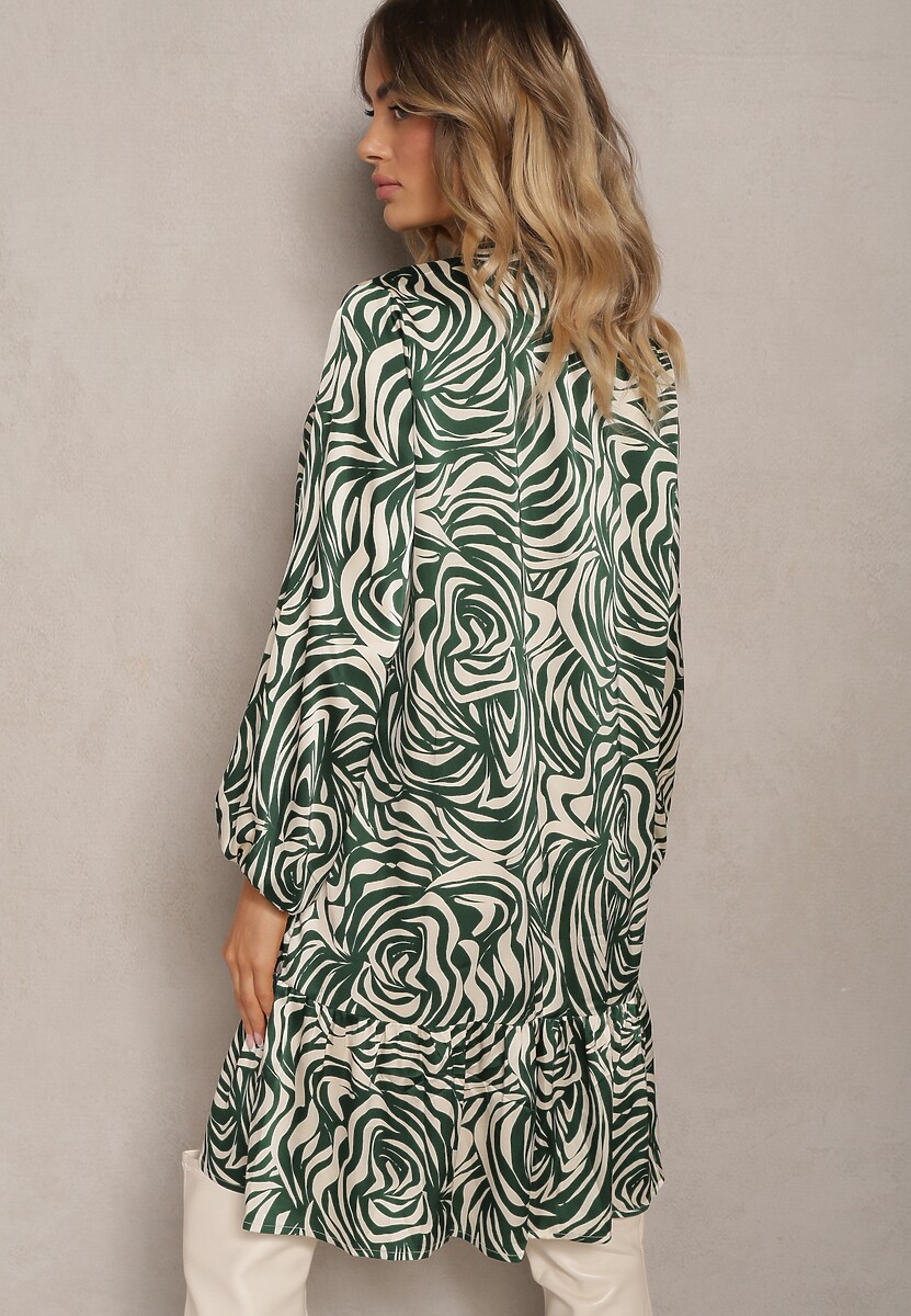 Zielono-Beżowa Rozkloszowana Sukienka Mini w Koszulowym Stylu z Falbanką i Ozdobnym Wzorem Bevina