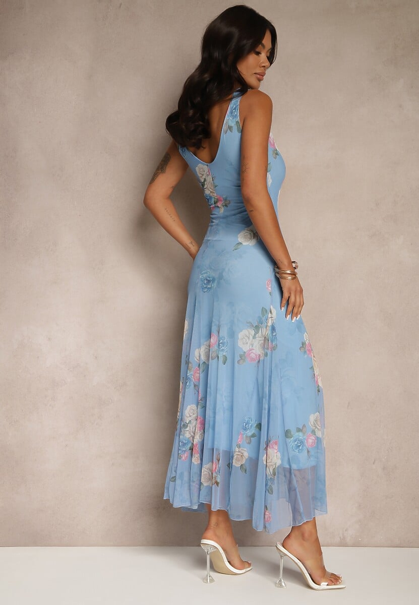 Niebieska Sukienka Siateczkowa w Kwiaty Milosea