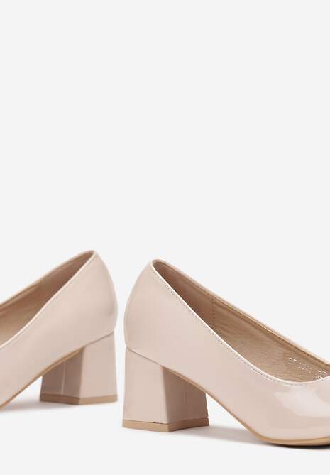 Beżowe Lakierowane Czółenka na Słupku ze Szpiczastym Noskiem Nomiza