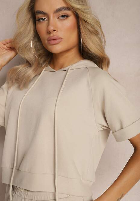 Beżowy Komplet Dresowy Bluza z Kapturem i Krótkimi Rękawami oraz Szorty Choana