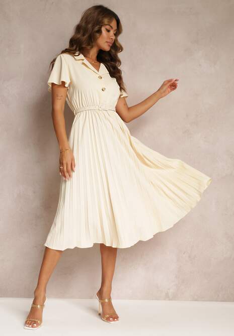 Beżowa Retro Sukienka Midi z Plisowaniem i Paskiem na Klamrę Elinerise