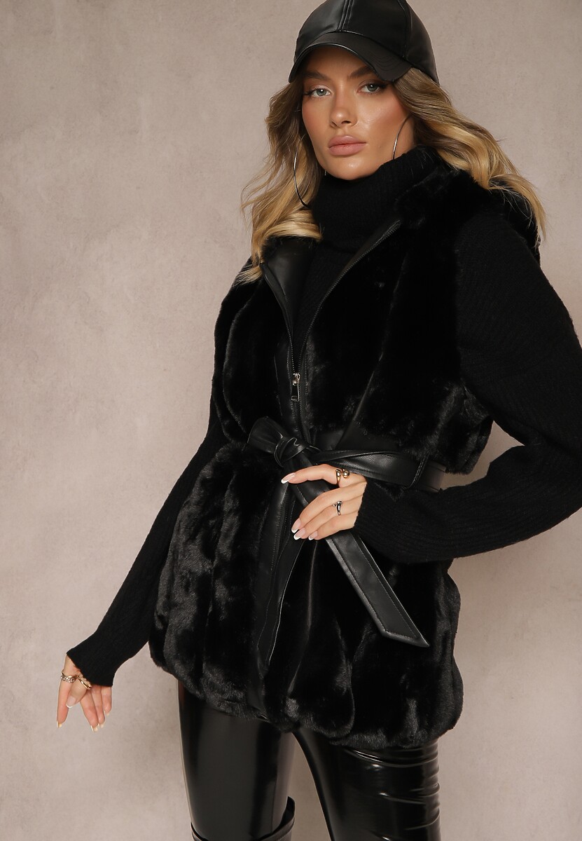 Czarna Kamizelka Futerko z Kapturem i Kieszeniami Wiązana w Talii Jackiena