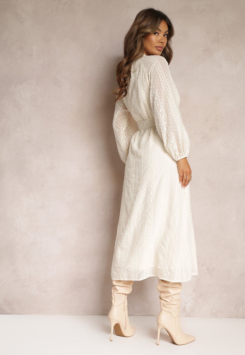 Beżowa Sukienka z Ozdobnym Haftem i Paskiem Deanna