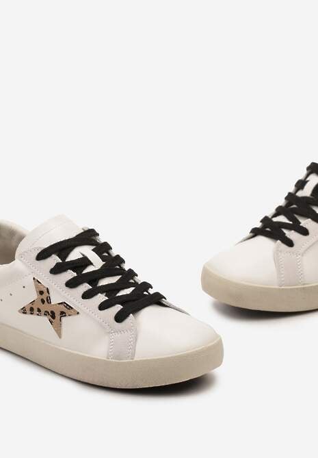 Beżowe Sneakersy ze Sznurowaniem Naszywką Gwiazdki i Brokatem Querena