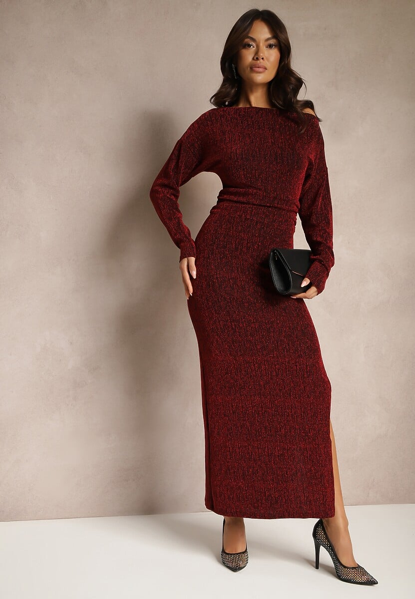 Bordowa Sukienka Taliowana z Wiskozą i Dekoltem w Kształcie Łódki Nialeth
