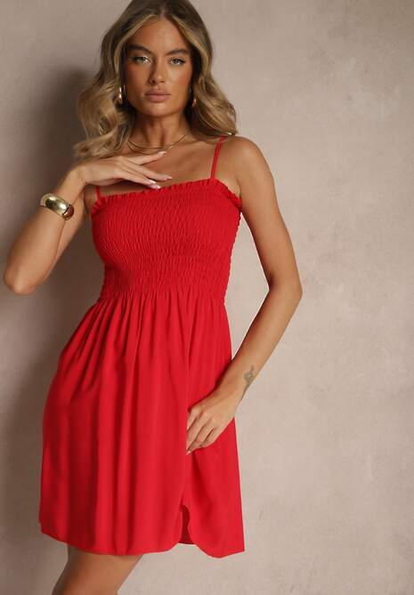 Czerwona Sukienka z Bawełny na Ramiączkach o Rozkloszowanym Kroju z Marszczoną Górą Christten