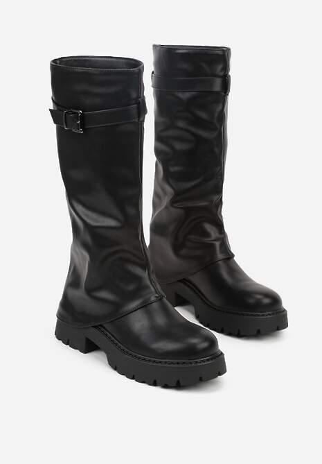 Czarne Kozaki VICES z Marszczoną Cholewką Imitującą Nogawkę ze Sprzączką Valles