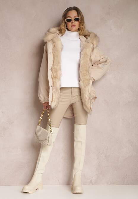 Beżowa Kurtka Parka Oversize z Futerkiem Horelle