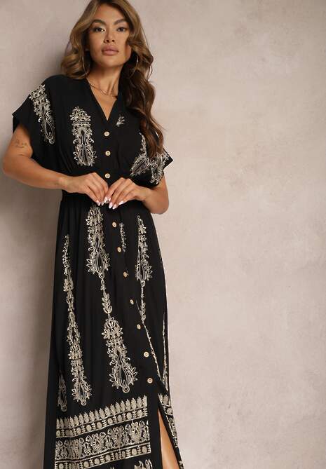 Czarna Koszulowa Sukienka z Bawełną i Gumkami w Talii Zapinana na Guziki Fosofia