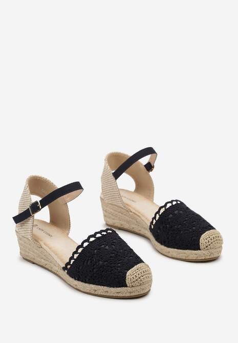 Ciemnogranatowe Sandały w Stylu Espadryli na Koturnie z Plecionką i Ażurowym Noskiem Bellisae