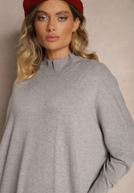 Jasnoszara Pudełkowa Sukienka Sweterkowa z Wiskozą i Golfem Rinnine