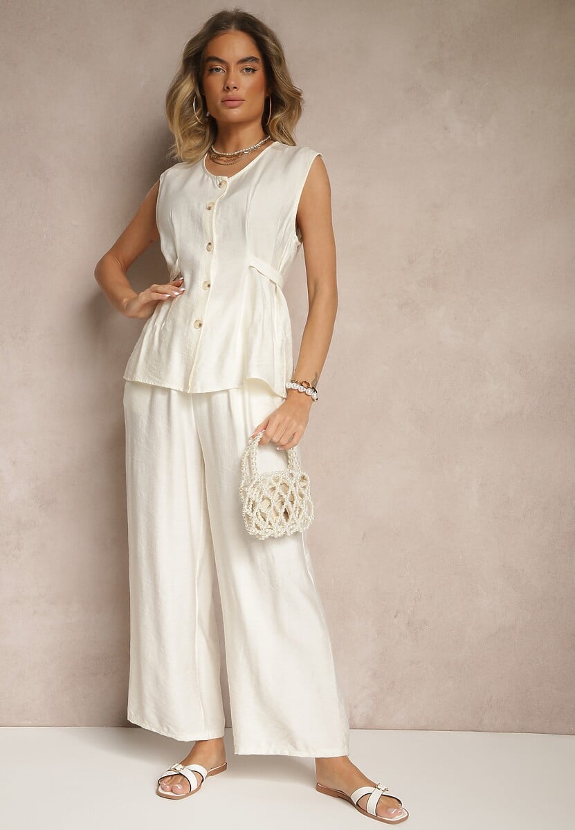 Jasnobeżowy Komplet Spodnie i Bluzka z Regulacją w Talii Zapinana na Guziki Dovanelle