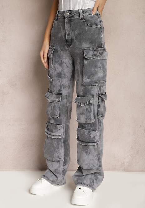 Ciemnoszare Jeansy z Szerokimi Nogawkami i Kieszeniami Cargo z Efektem Sprania Mokasia