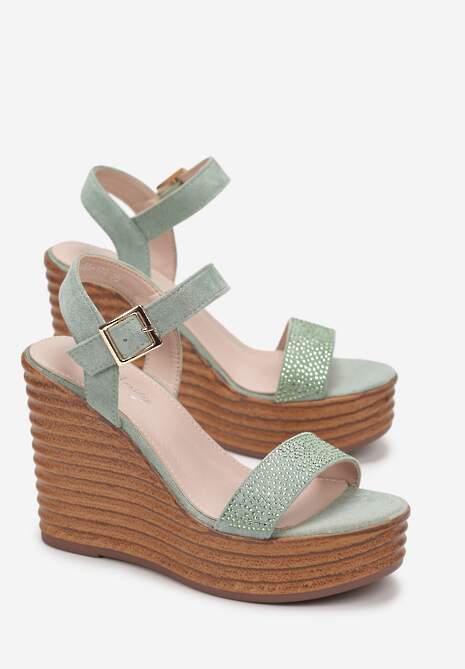 Zielone Sandały na Platformie i Koturnie z Cyrkoniami na Paskach Lenixa
