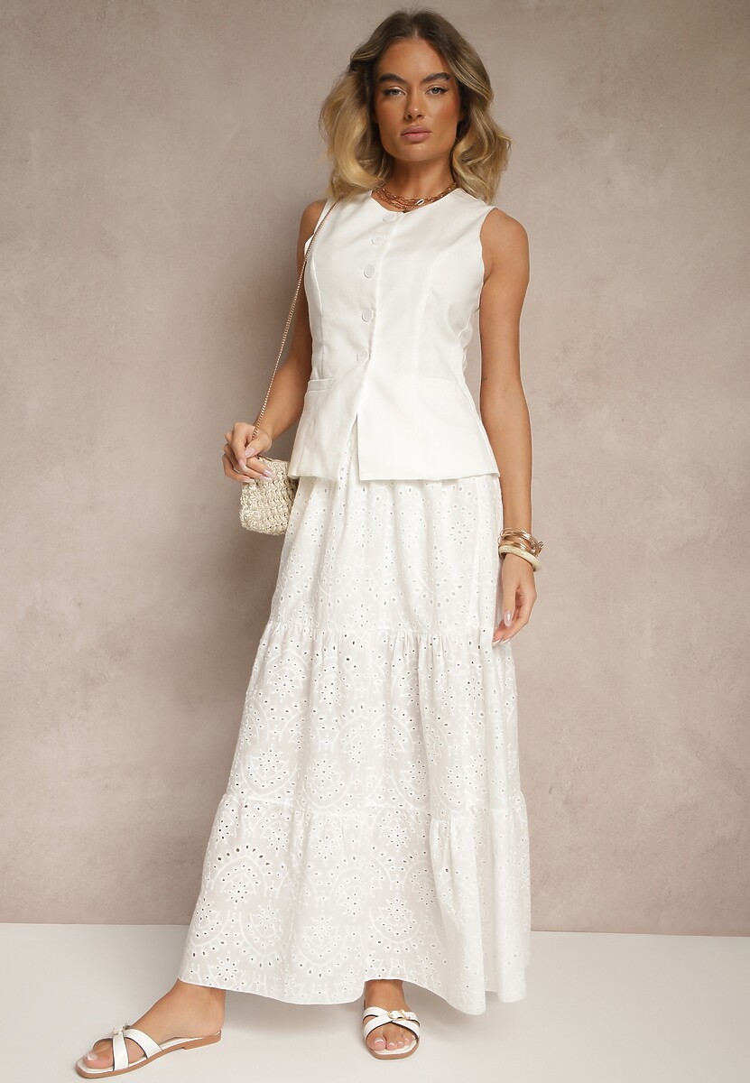 Biała Bawełniana Spódnica Ażurowa o Rozkloszowanym Fasonie Mevalinne