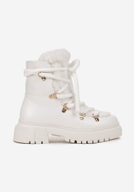 Białe Traperki Wiązane na Sznurek Ozdobione Kożuszkiem Sidonnie