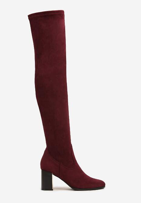 Bordowe Długie Kozaki za Kolano z Imitacji Zamszu na Metalicznym Obcasie Terephne